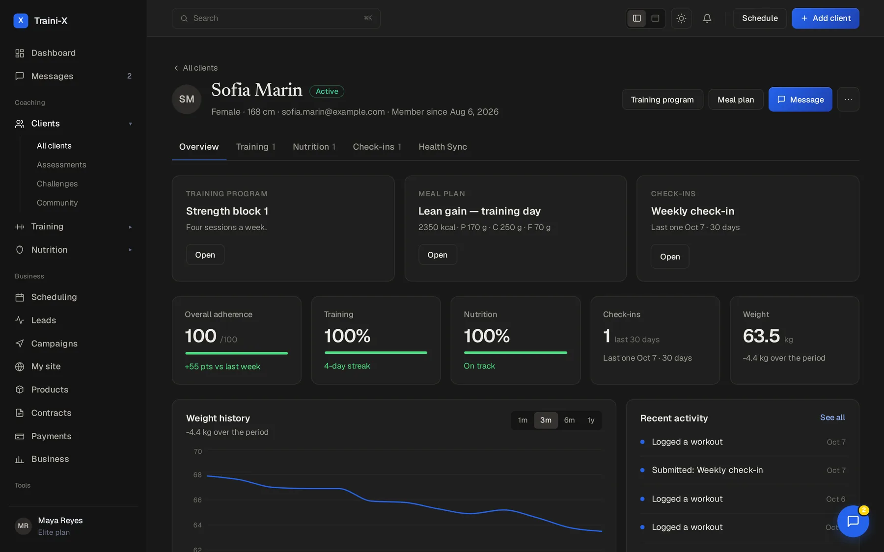 A client file in Traini-X with weight history, adherence and recent activity